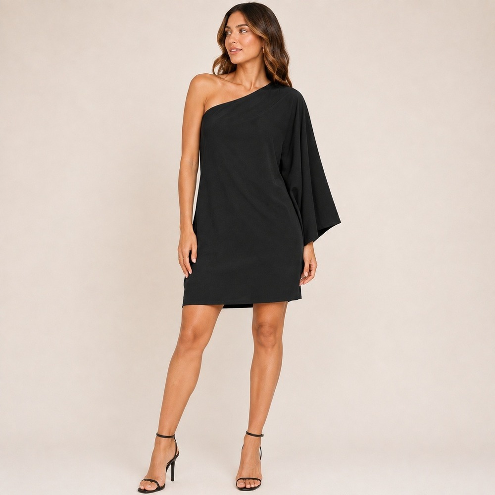 Eesome Black One Shoulder Asymmetrical Dolman Sleeve Mini Dress Size M Made USA